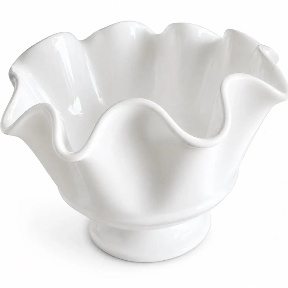 Vintage Pier 1 Imports White Ruffled Pedestal Bowl